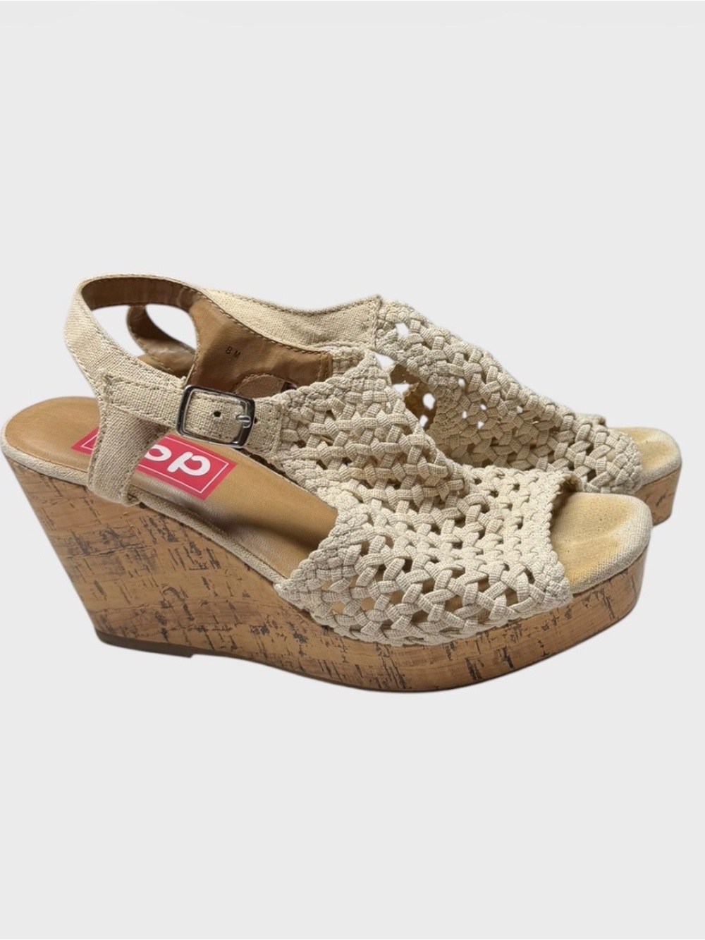 pop Beige Woven Cork Wedge Sandals with Adjustable Buckle